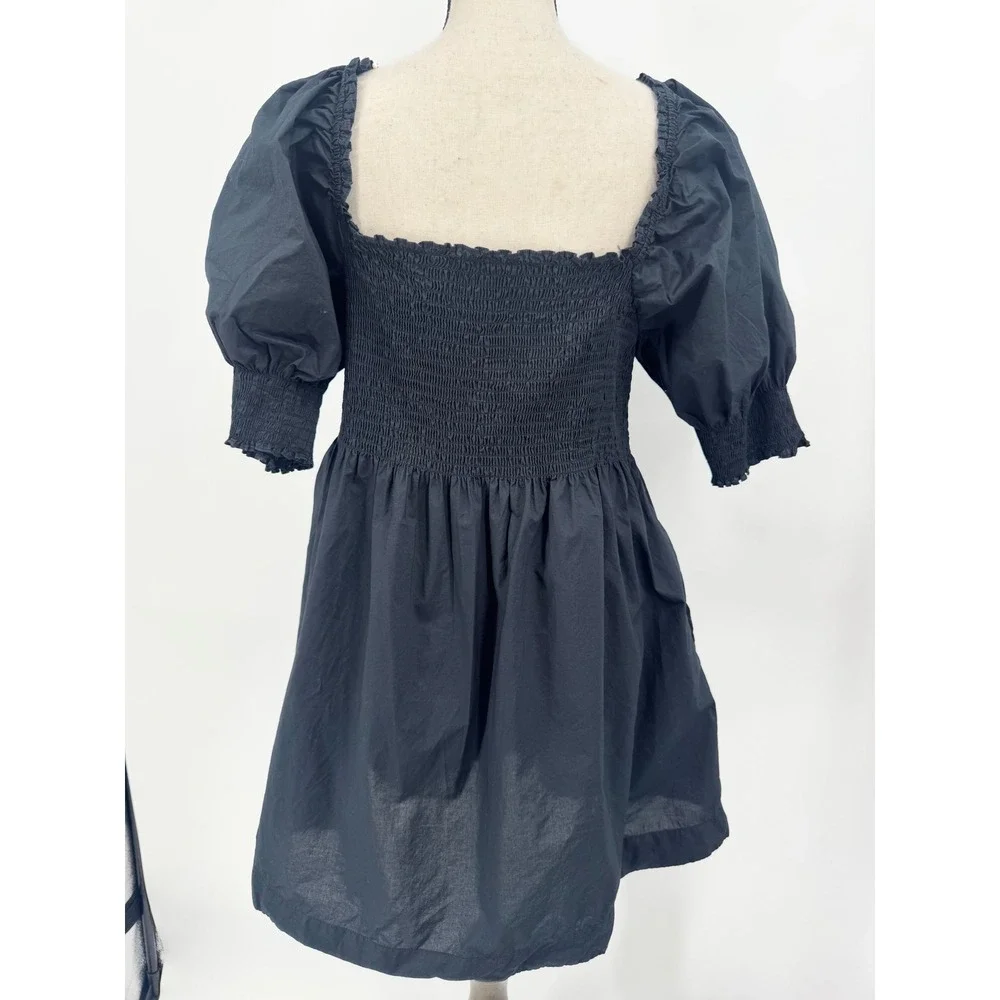 Hill House Home Nap Dress Women XL Black Smocked Puff Sleeve Mini Dress